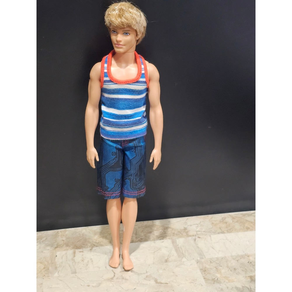 Mattel Ken Doll Beach Outfit Striped Tank Top Blue Patterned Shorts